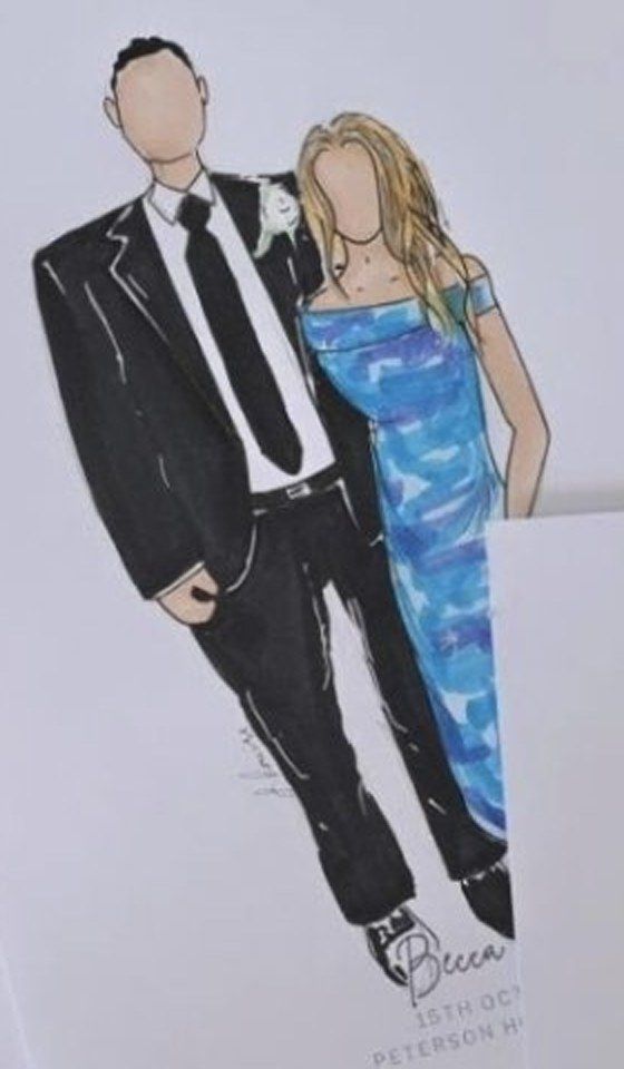 Sketch of a couple: black suit and tie beside an off-shoulder, ocean-blue gown