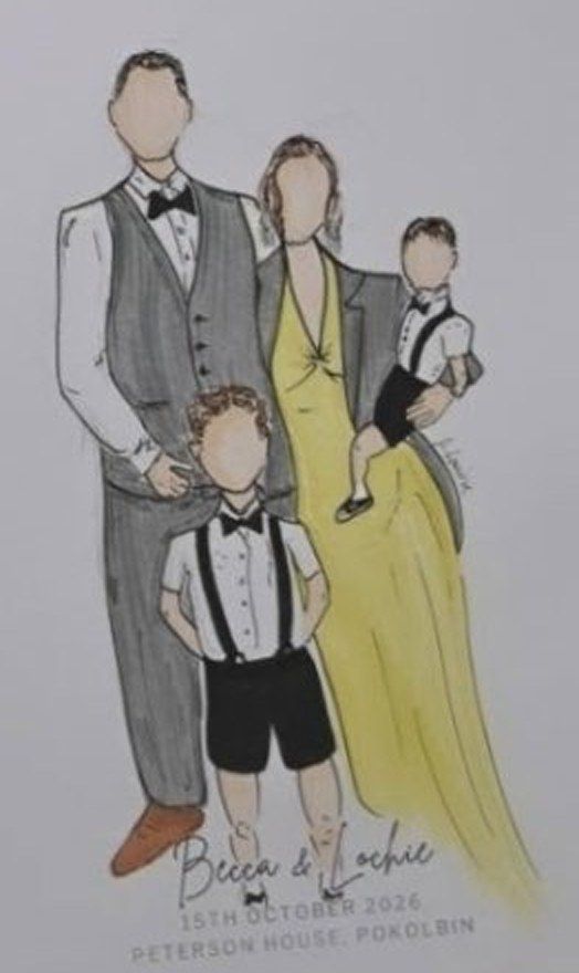 Sketch of a family: grey waistcoat and bow tie, a yellow halter gown, and two little boys in bow ties and braces