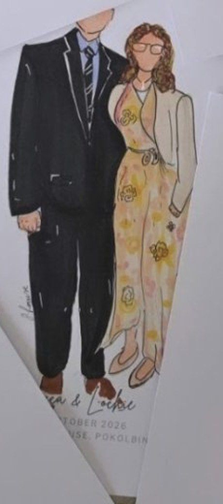Sketch of a couple: dark pinstripe suit beside a floral dress with a cream jacket