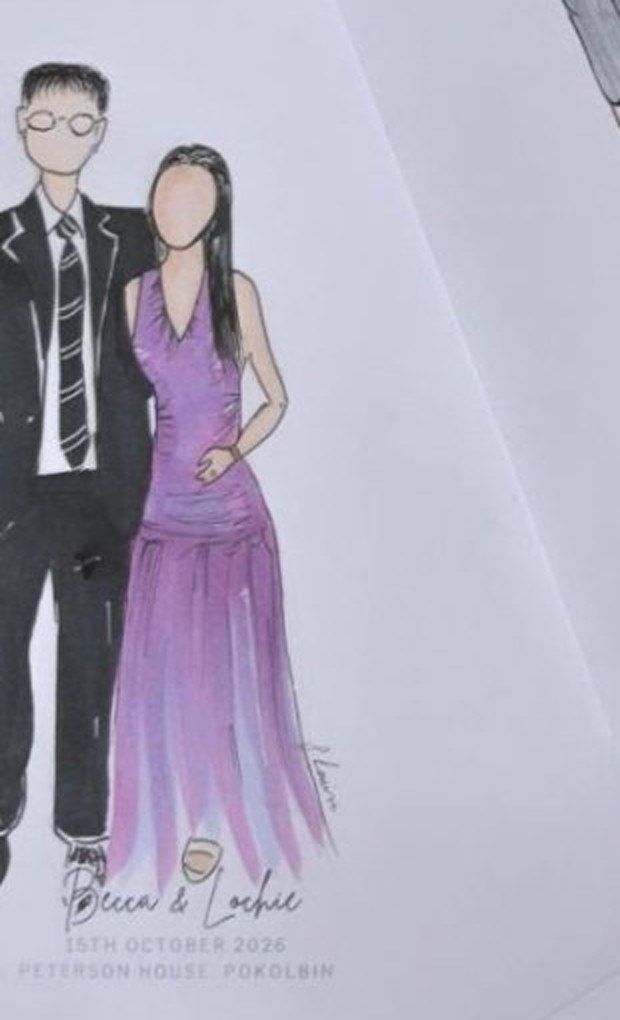 Sketch of a couple: black suit, striped tie and round glasses beside a violet halter gown