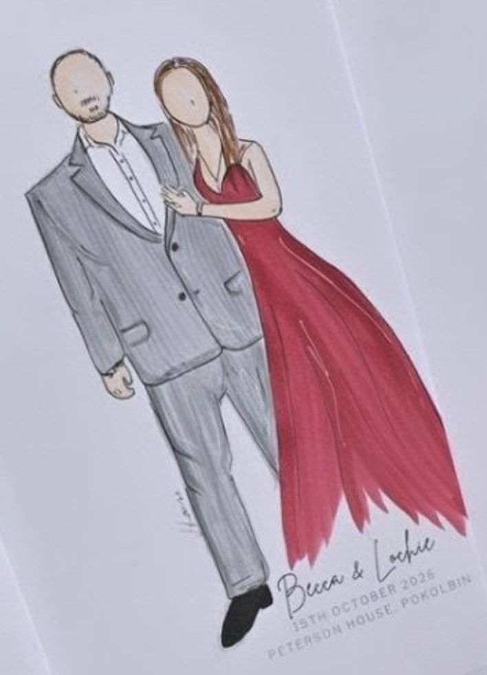 Sketch of a couple: grey pinstripe suit and red silk gown